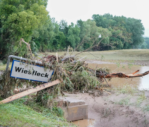 Hochwasserschäden im Südburgenland. Ein umgestürztes Schild und Äste liegen in einer überfluteten und schlammigen Landschaft.