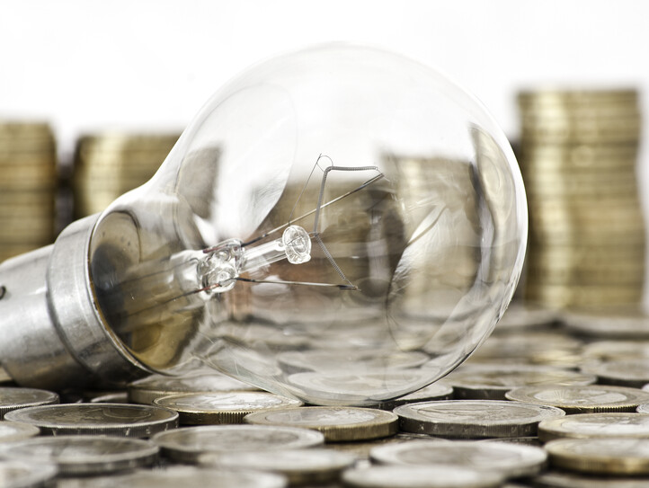 filament bulb lying on euro coins